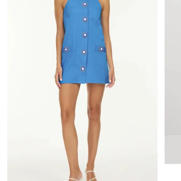 Gold Buttoned Blue Halter Mini Sundress - Picture 3 of 3